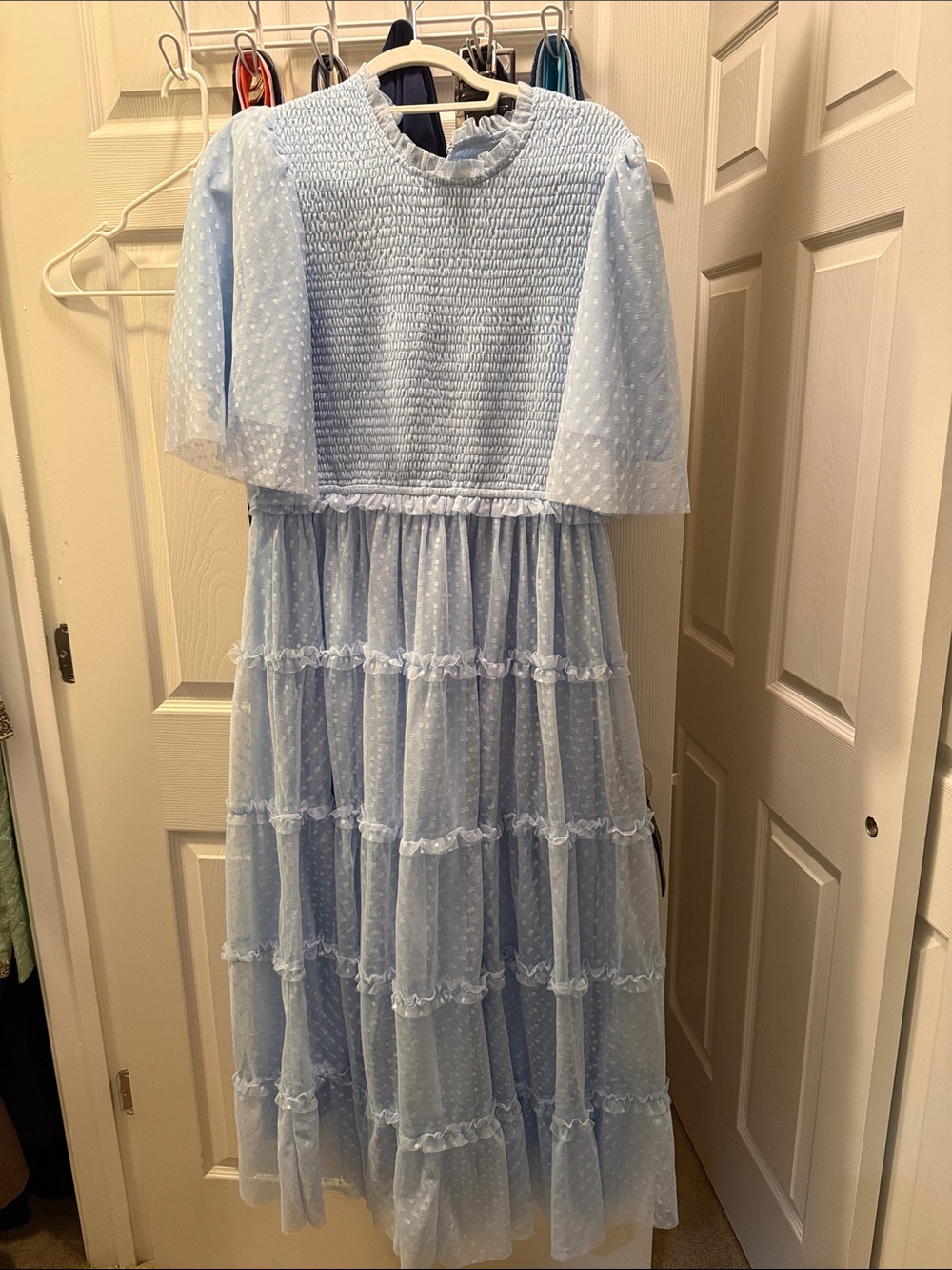 Women's Light Blue Tiered Dot Mesh Maxi Dress
